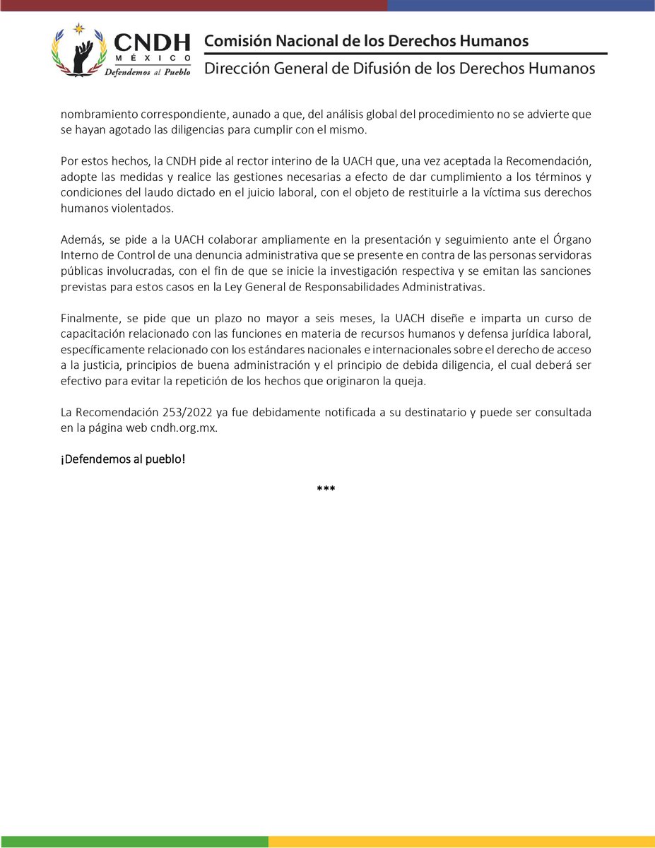 CNDH's tweet photo. Por incumplir un laudo de la #JEFCA emitido en 2018, emitimos la #Recomendación 253/2022 a la Universidad Autónoma de #Chapingo.

Consúltala 👉🏾https://t.co/DRBdkCtdMW

#DefendemosAlPueblo https://t.co/BU4xkElxFh