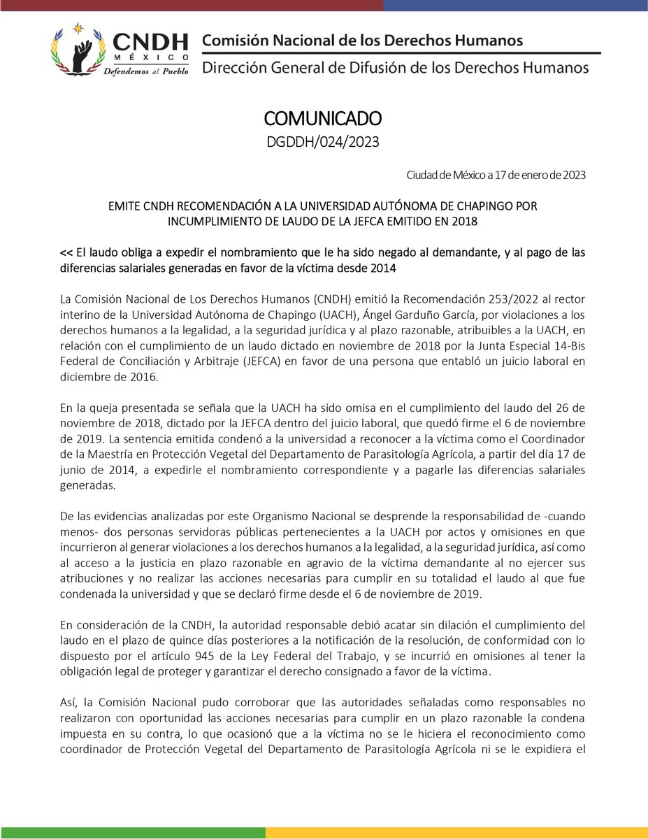 CNDH's tweet photo. Por incumplir un laudo de la #JEFCA emitido en 2018, emitimos la #Recomendación 253/2022 a la Universidad Autónoma de #Chapingo.

Consúltala 👉🏾https://t.co/DRBdkCtdMW

#DefendemosAlPueblo https://t.co/BU4xkElxFh