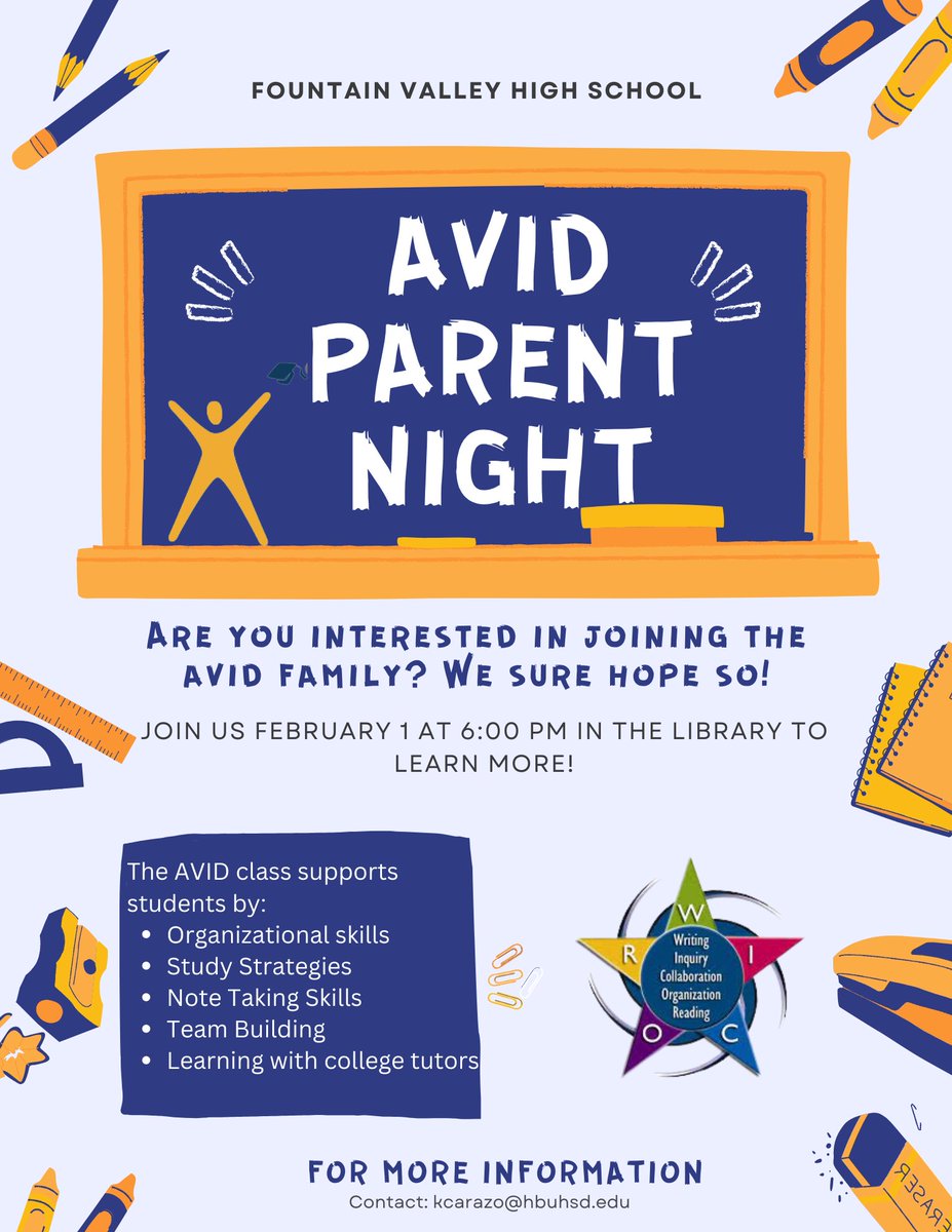 HurstOUSD's tweet photo. 🚨AVID Parent Night🚨

🗓️ February 1st

⏰ 6pm-7pm

📍FVHS Library

Come learn about our awesome AVID program and whether it’s right for your future Baron! 

@HBUHSD @paullopez63 @MasudaMonarchs @talbertmiddle @FultonMiddle @kierstihunkle @STAMPERELA @psycholaya @fvasb https://t.co/7tjpun2uuN
