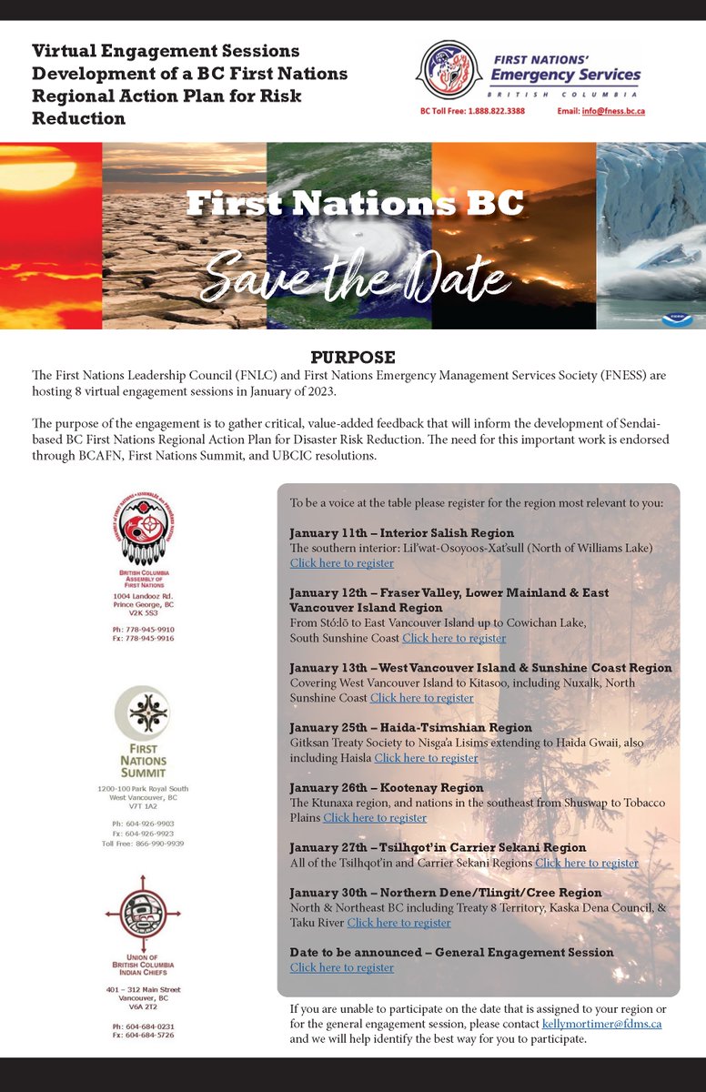 fnessbc's tweet photo. Reminder: Be a voice for your region! There is still time to register to attend a virtual engagement session to develop a BC First Nations Regional Action Plan for Risk Reduction.
#firstnations #riskmanagement #riskreduction #FNESS https://t.co/yP09NglbYg