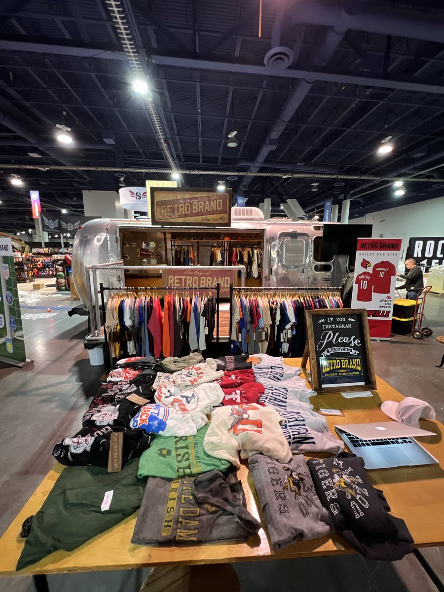 robbielehman's tweet photo. Setup day for @retrobrand at the @SLTShow in Vegas. Airstream looking good! 🚐 

Booth #6047 – come say hello this week. 

#sportsapparel #vintageshirts #collegesports #retrobrand https://t.co/gPQzYnwuUr