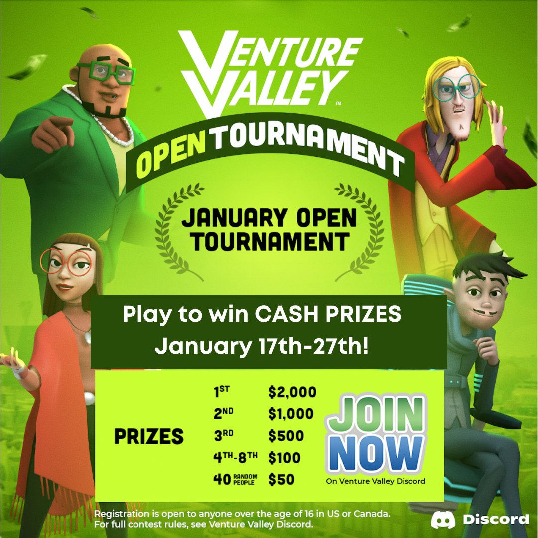 Do you like Video Games AND earning money!?! You're in luck! Our first round of monthly Open Tournaments starts tonight at 6PM PST on the Venture Valley Discord server! 💸

Join our Discord Server for more info and registration: buff.ly/3hfD9BL