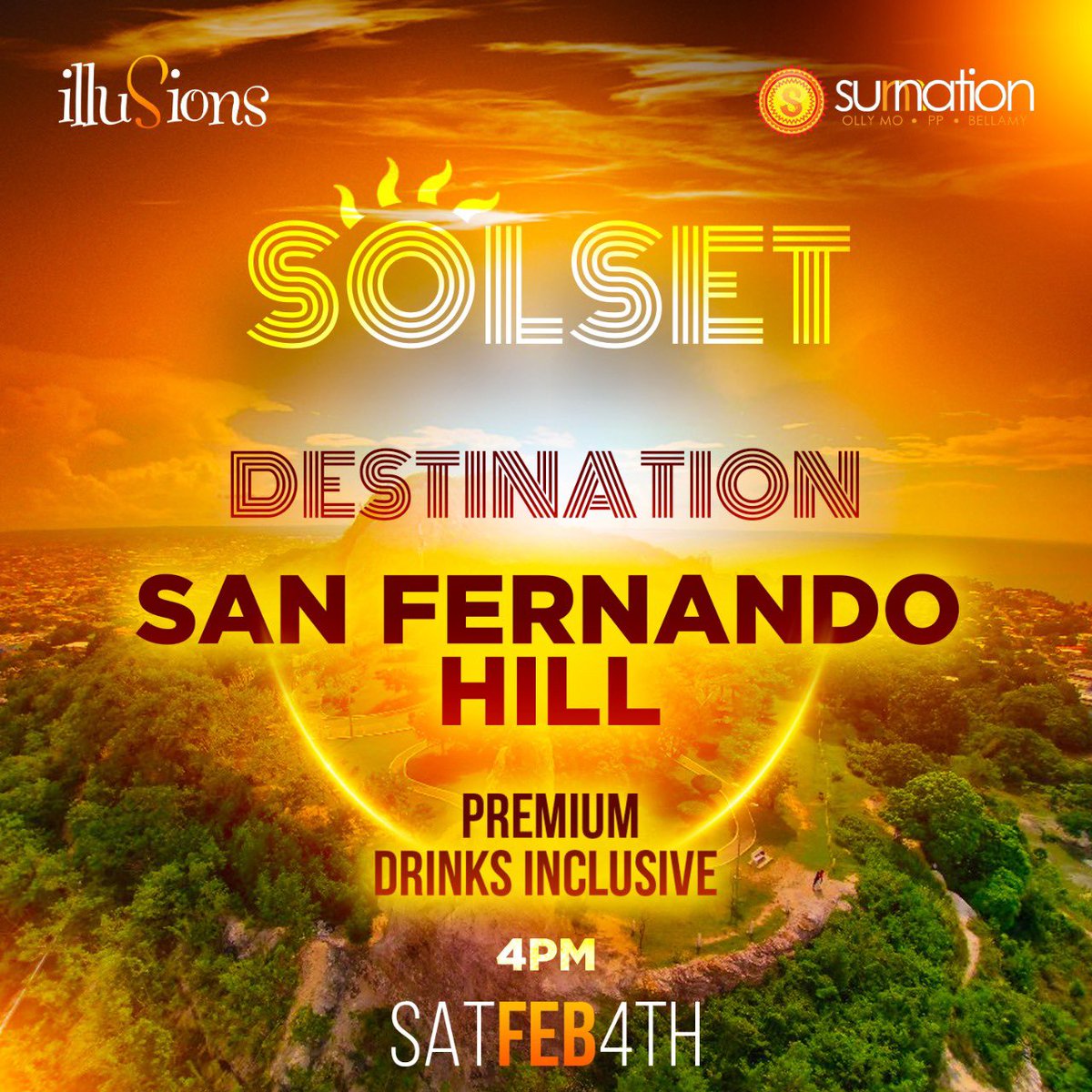 IllusionsMas's tweet photo. SOLSET 🌄
The Premium Drinks Inclusive Sunset Party

Meet us at the scenic San Fernando Hill at 4pm on Saturday 4th February, 2023

Get your tickets now from your favourite illuSions Family and Sunnation Trinidad Committee members or online at https://t.co/iSh6Ase6fP

#SOLSET https://t.co/gprsa3792A