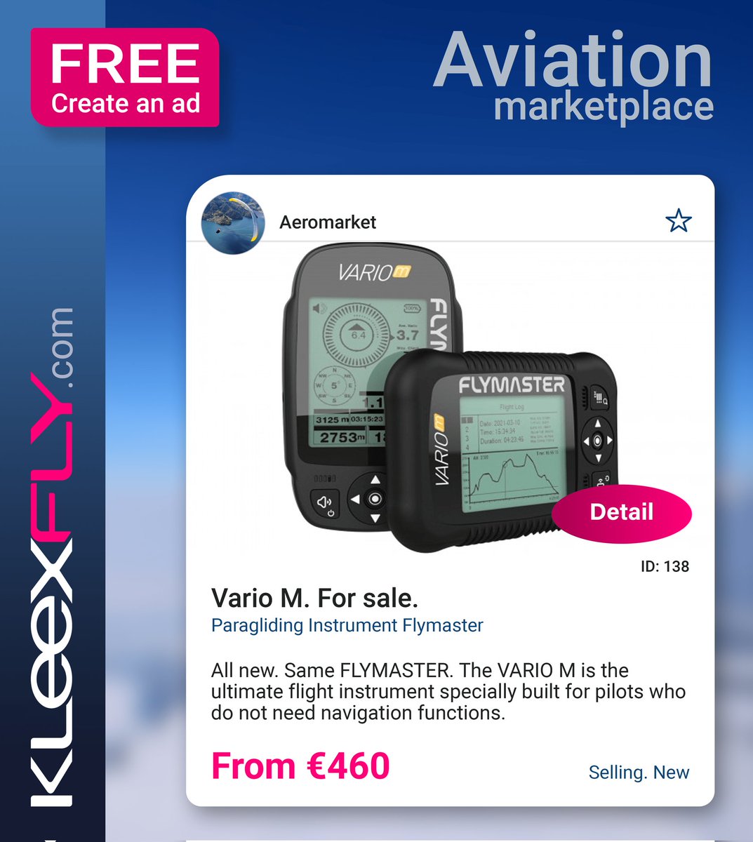 Kleexfly's tweet image. Vario M. For sale. Paragliding Instrument Flymaster.

kleexfly.com/wp/ads/ad/?ad_…

#VarioM #Flymaster #Aeromarket #Aircraft #Helicopters #Gliders #Schools #Jobs #Drones #Skydiving #Paragliding #Speedflying #Kiting #Selling