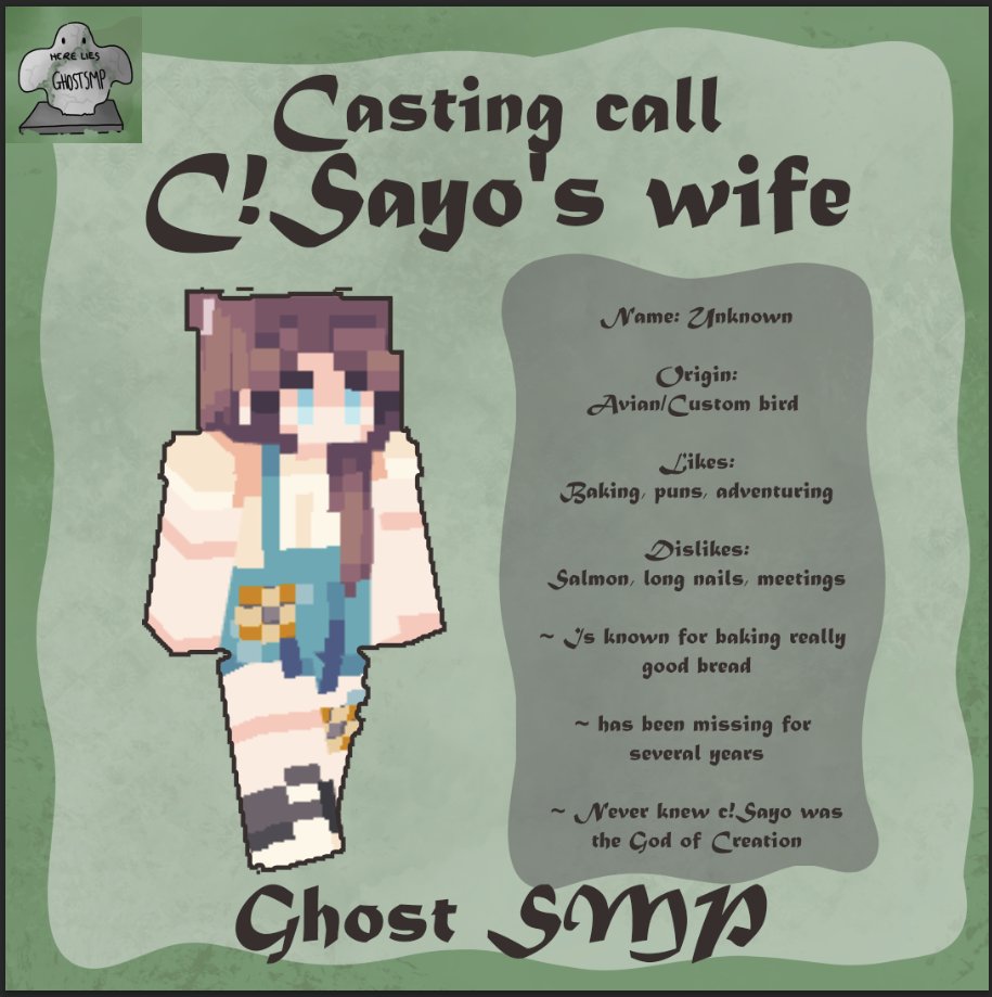 smp__ghost's tweet photo. Auditions for the ghostSMP are open!!
We are looking for people to play some special characters on the smp
Introducing the wife of c!sayo !!

If your interested In playing in this character then please apply through the Google form!! https://t.co/MfejV8MBD0