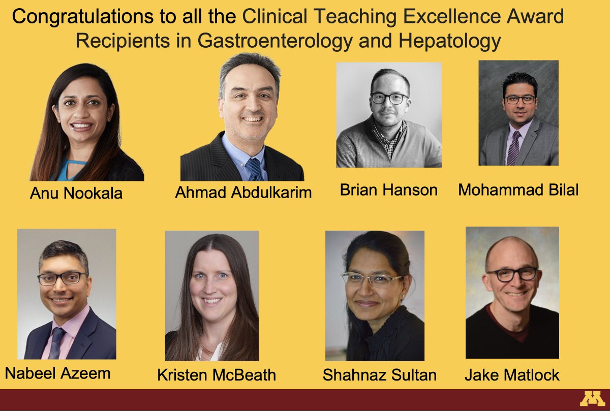 Lizzie Aby, MD (@lizzieabymd) on Twitter photo We are lucky to have so many fantastic teachers at all of our <a href="/UMN_GI/">@UMN GI Fellowship</a> clinical sites!
Congratulations to the amazing gastroenterology & hepatology faculty who received the Office of Graduate Medical Education annual Clinical Teaching Excellence Award!
#GITwitter We are lucky to have so many fantastic teachers at all of our <a href="/UMN_GI/">@UMN GI Fellowship</a> clinical sites!
Congratulations to the amazing gastroenterology & hepatology faculty who received the Office of Graduate Medical Education annual Clinical Teaching Excellence Award!
#GITwitter