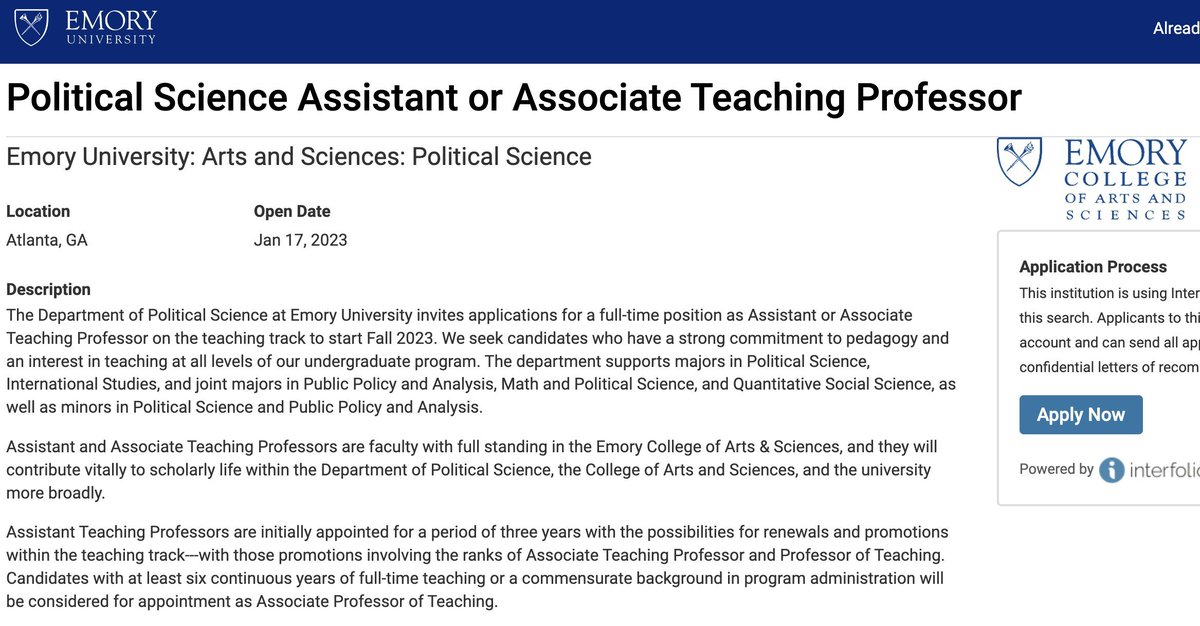 I'm not on the search committee but email me if you have questions about the position, department, etc. We've a great bunch of faculty and students!nc: @EmoryPolisci  #PSJMinfo #PolSciJobs #PoliSciJobs #PoliSciJobMarket apply.interfolio.com/119978