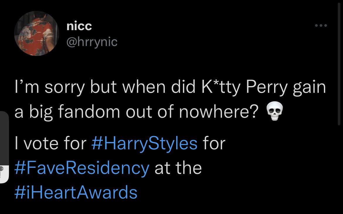 cindyyvandekamp's tweet photo. “I’m sorry but for how did H*iry get nominated while not even having a residency”

 I’m voting for #KatyPerry for #FaveResidency at the #iHeartAwards https://t.co/mSWjozCbHb
