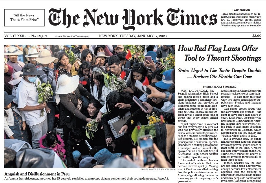 SinVerguenzasPE's tweet photo. 🚨 Mientras la prensa del Perú apaña y calla, la prensa internacional informa con la verdad y sin terruqueo.  

The New York Times dedica portada a los asesinados por la dictadura civico-militar en Juliaca, Puno. https://t.co/vNaOWb5syJ