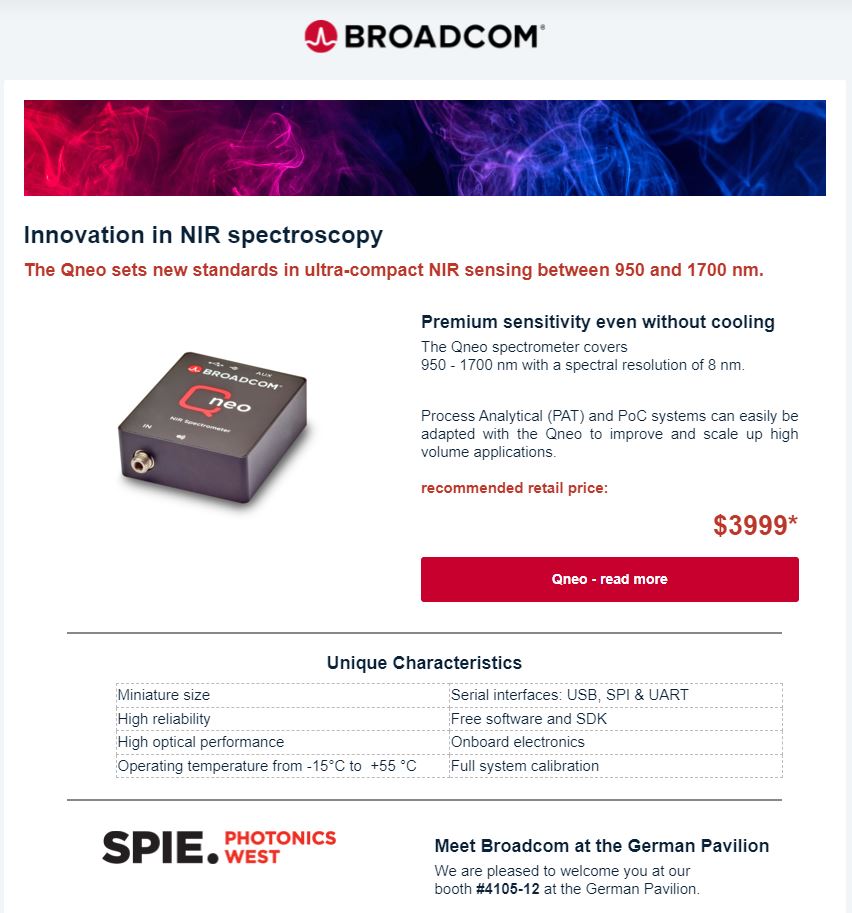 mtgelectronics's tweet photo. #Broadcom's NIR spectrometer sets new standard in #NIRspectroscopy. Contact us for more information! https://t.co/CDuJepOlq7 https://t.co/6PuOfKBXFl