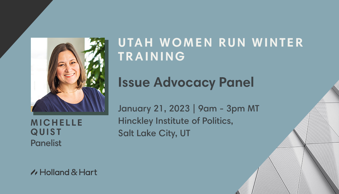 Join <a href="/HollandHart/">Holland & Hart LLP</a>'s Michelle Quist for the “Issue Advocacy Panel” at the <a href="/RealWomenRunUT/">Utah Women Run</a> Winter Training on 1/21. A fun &amp; engaging event that brings together female leaders, community advocates 
&amp; political experts around the state. Register: umarket.utah.edu/um2/hinckley/p… #utahwomenrun