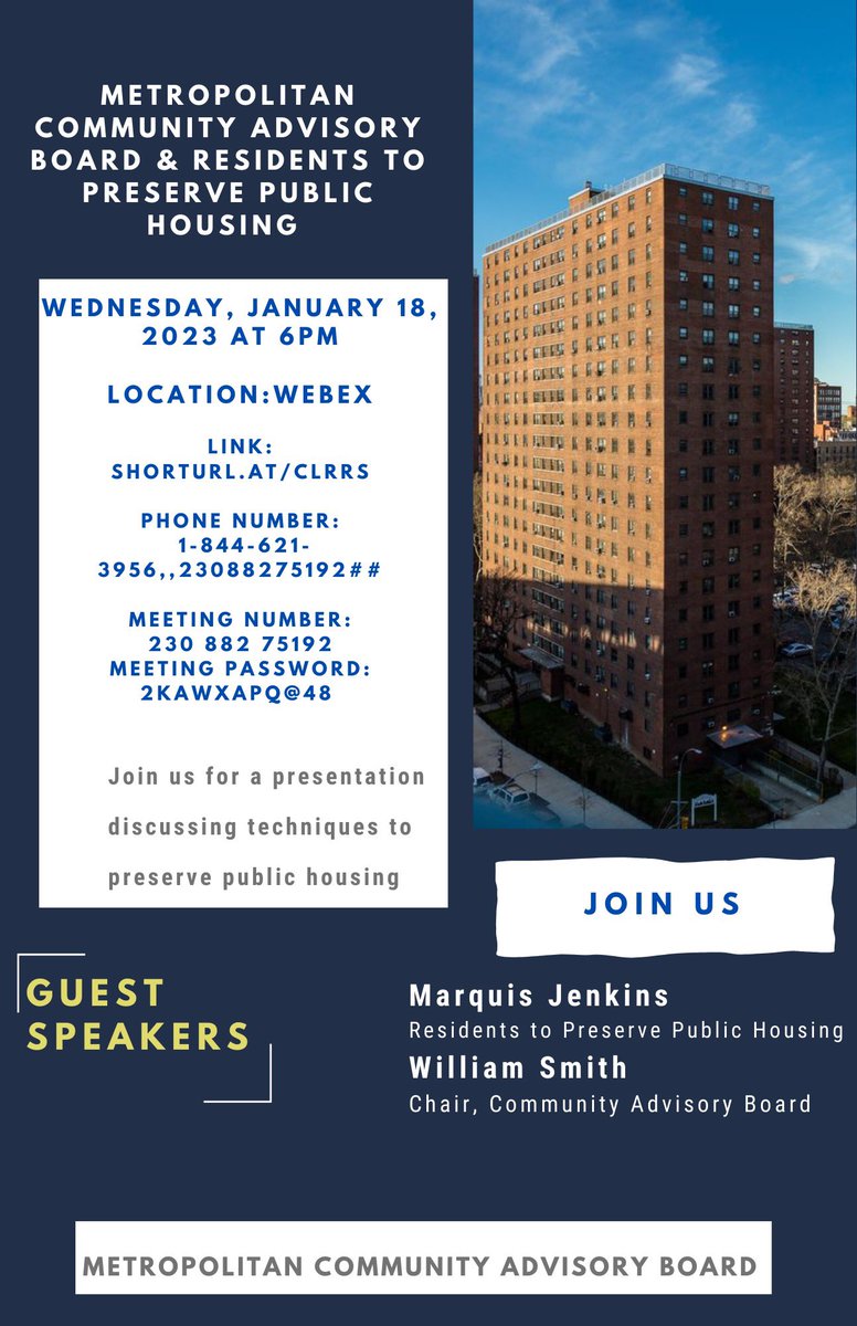 MetropolitanCAB's tweet photo. Join @RPPHNYC @MetropolitanCAB for a discussion on techniques to preserve @NYCHA. #NYCHAMatters #SavePublicHousing https://t.co/D5pUe83CIn