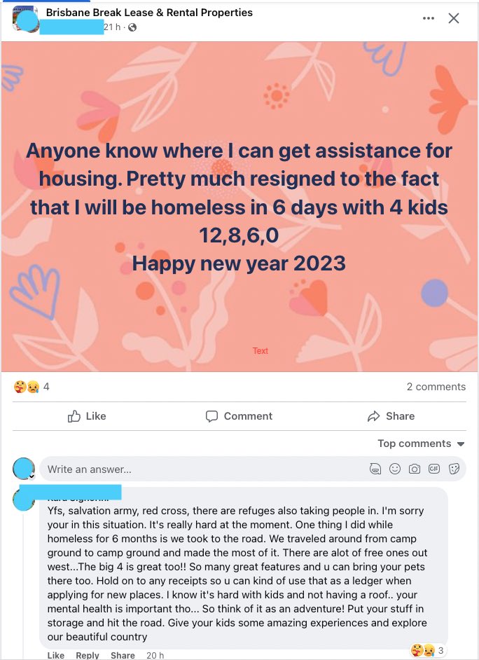 byehannahwright's tweet photo. Today on the housing crisis: when someone is asking for housing assistance in a break lease page and the top comment is giving tips on making the most of being homeless #brisbanehousing #auspol https://t.co/tWfVbjLsuN