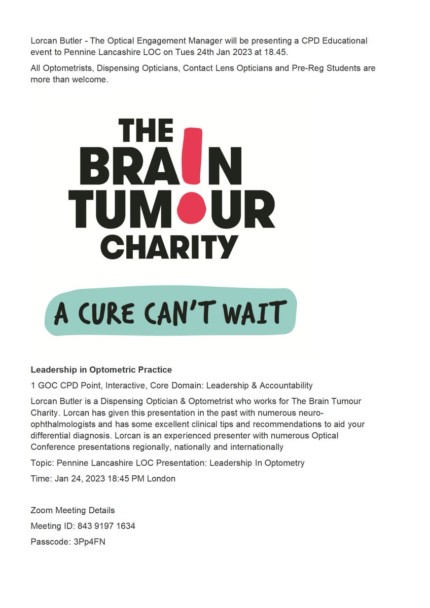 Online CPD event – Leadership in Optometric Practice. This CPD event is approved for 1 CPD point in the Leadership and Accountability domain.

Tuesday 24 January 2023 @ 18.45.

WHERE: ZOOM 
Zoom Meeting Details
Meeting ID: 843 9197 1634
Passcode: 3Pp4FN