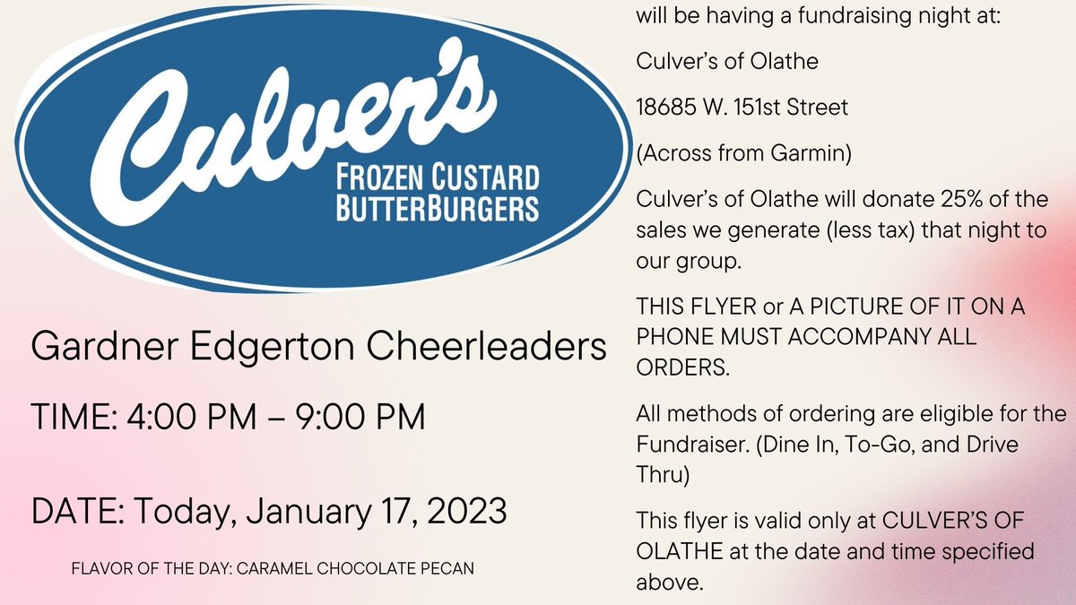 If you’re looking for a place to eat tonight, consider visiting Culver’s in Olathe on 151st. Help us raise money for our nationals trip to Florida!
