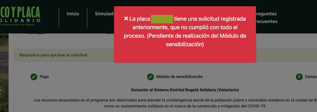 londonojp's tweet photo. @SectorMovilidad  hola la plataforma de pico y placa solidario me dice que "La placa XXXXX tiene una solicitud registrada anteriormente, que no cumplió con todo el proceso. (Pendiente de realización del Módulo de sensibilización)" que debo hacer para terminar el curso ? https://t.co/W0zQn7eM94