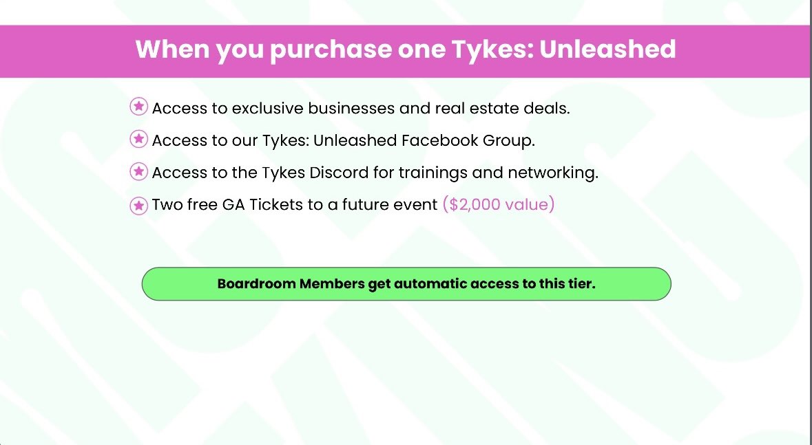 RyanPineda's tweet image. Phase 2 of @TykesNFT is here…

Welcome to Tykes: Unleashed. 

This is our limited collection for those who want to invest in businesses we’re acquiring or my own start ups. 

We sold over $1M worth at the Tykes Summit in 15 minutes. 

Here’s what it is👇🏼

tykes.io/tykes-unleashed
