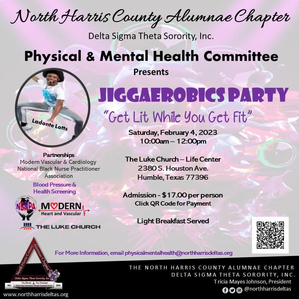 NHCACDST's tweet photo. Let’s Get Lit While You Get Fit!!! 
February is Heart Disease Awareness Month for Women. Join the ladies of North Harris County Alumnae Chapter for a family friendly community event as we get our HEARTS moving with Jiggaerobics.  
Scan the QR code to register TODAY! https://t.co/gVRez79G7l