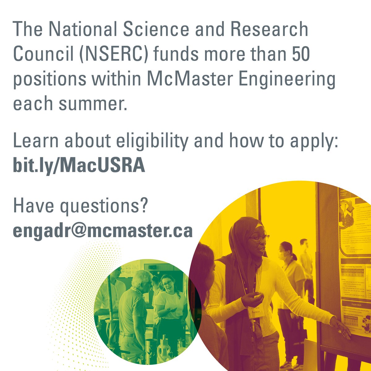 MSE_McMaster's tweet image. Are you interested in an academic research co-op position this summer? Apply now for the Undergraduate Summer Research Award to be considered for a summer co-op in Mac Eng!

Deadline is Feb. 3! Link in bio for for info! #msemcmaster #msengineering #mcmasterengineering #research