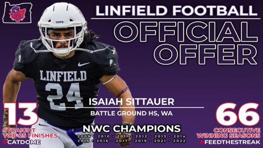 After an amazing conversation with <a href="/CoachHeck55/">Will Heck</a>, I’m so blessed to announce I have received my 3rd official offer to continue my academic and athletic career at Linfield University!! Go Wildcat’s!! <a href="/LinfieldFB/">Linfield Football</a> <a href="/BG_Tigers/">bg</a>