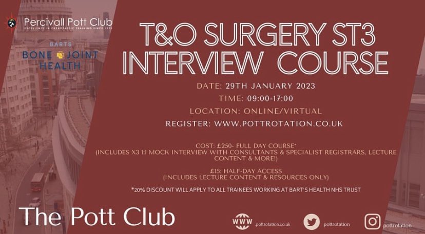 Last few days for the half day access to our ST3 interview course.
⚠️ Ticket sales closing: 22/1/23. 

Sign up today! ✍🏼
#orthotwitter #pottclub 

@drfrank0by @orthopodwoman @zorthodiaries @RianaPat @izzidrum