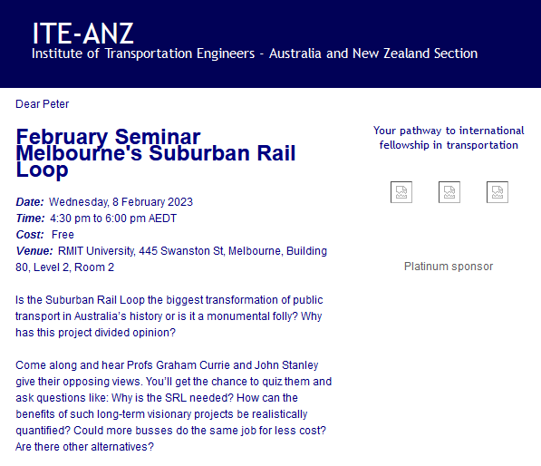 [EVENT] @GrahamCurrie1 & John Stanley swap views on the #SuburbanRailLoop . 8th Feb at RMIT. Worth attending if you can. Details here:   trybooking.com/events/landing… #springst