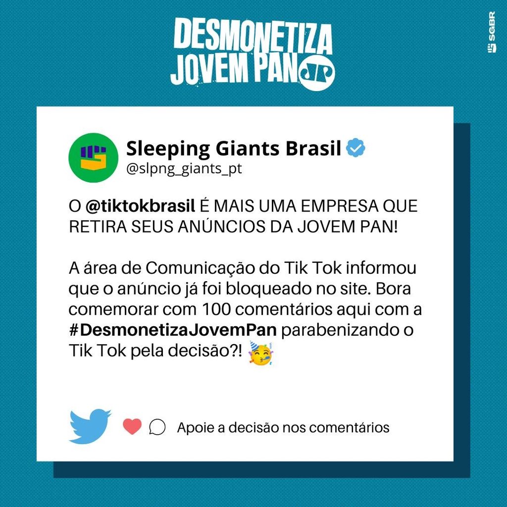 slpng_giants_pt's tweet photo. O @tiktokbrasil É MAIS UMA EMPRESA QUE RETIRA SEUS ANÚNCIOS DA JOVEM PAN!

A área de Comunicação do Tik Tok informou que o anúncio já foi bloqueado no site. Bora comemorar com 100 comentários aqui com a #DesmonetizaJovemPan parabenizando o Tik Tok pela decisão?! 🥳 https://t.co/QjYGsGkB2f