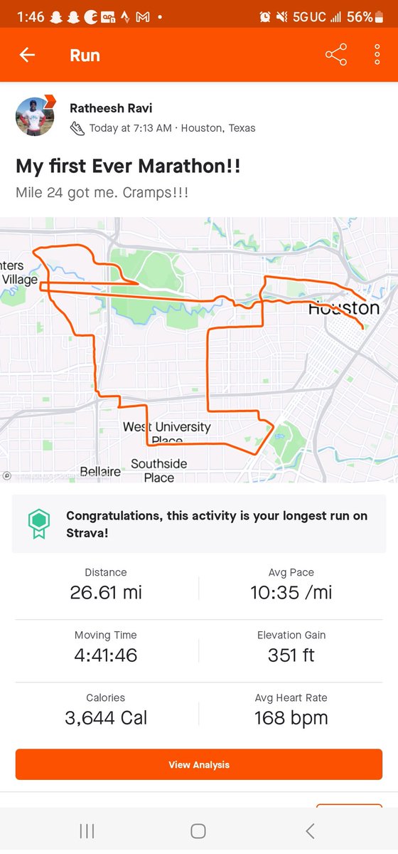 ratheesh082's tweet photo. So i did a thing!! Ran a marathon 26.2 miles (42 kilometers). It wasnt the best time, but finished under 5 hours #bragpost 
#runhou https://t.co/f8Q98RplFI
