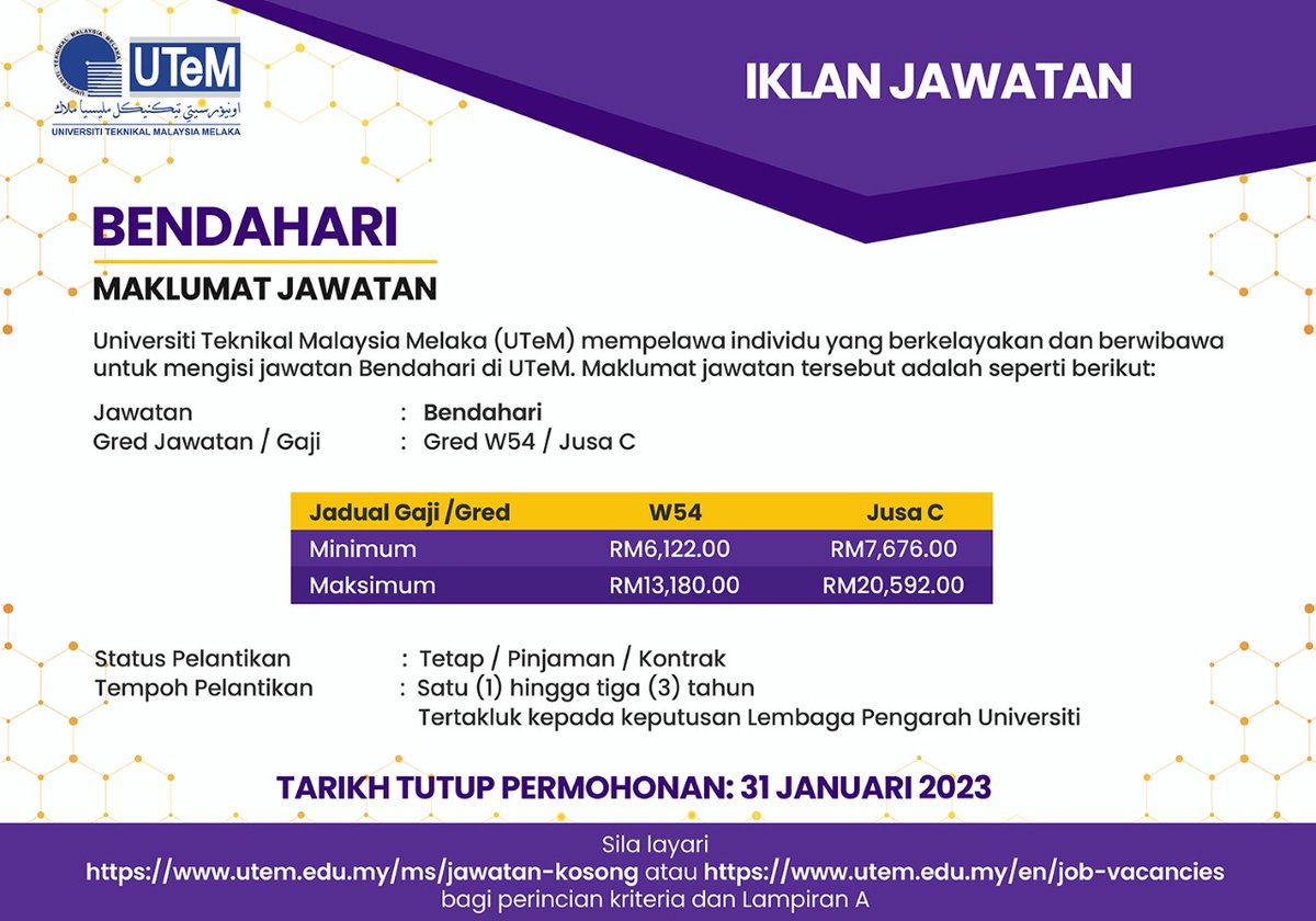 MyUTeM's tweet photo. KEKOSONGAN JAWATAN BENDAHARI DI UNIVERSITI TEKNIKAL MALAYSIA MELAKA (UTeM)

#menjajaruniversitimelonjakkehadapan #salamutemkusayang #utem2023 #utemcampus #utemprihatin #myutem #teamutem https://t.co/V4xwKI2IaU