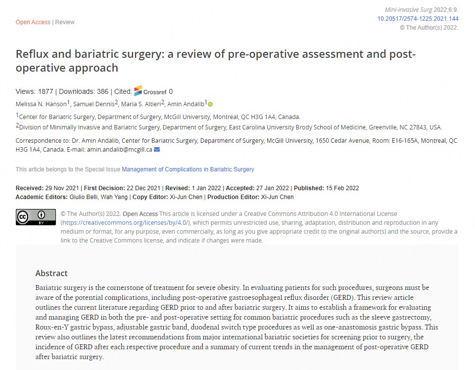 🤩Popular article: Reflux and bariatric surgery: a review of pre-operative assessment and post-operative approach 🥳Link: misjournal.net/article/view/4… @OMGhanemMD @Ali_Aminian_MD