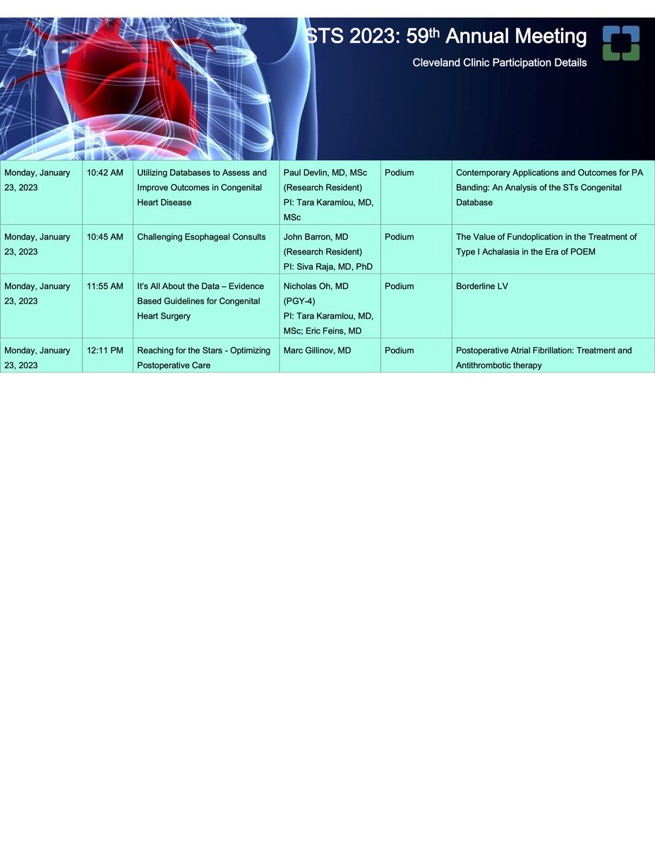 Looking forward to a great program @STS_CTsurgery #STS2023! Check out the complete list of talks and speakers below including several of our trainees @NickOhMD @Haley_Jenkins94 @Bptkramer @_SadiaTasnim @johnbarronmd @JerryChen__ @ThoracicStudent @TSRA_official