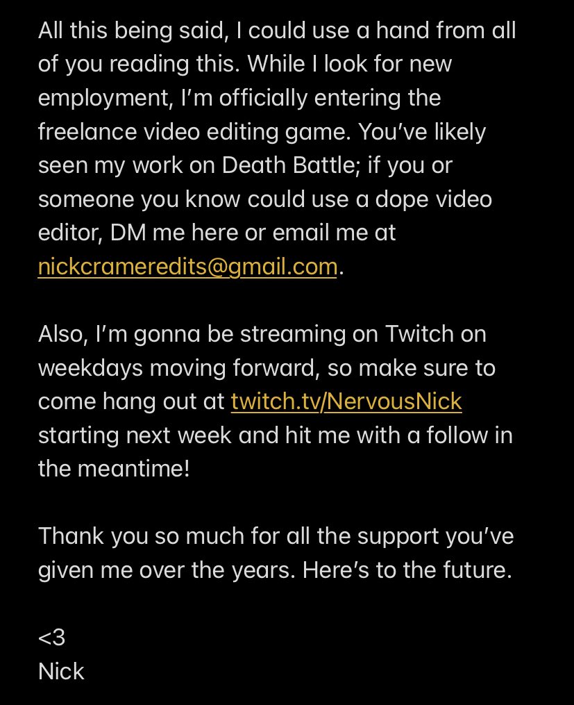 NervousNick's tweet image. Oh God, Nick’s posting a wall of text.

(Short version: I’m no longer at Rooster Teeth)