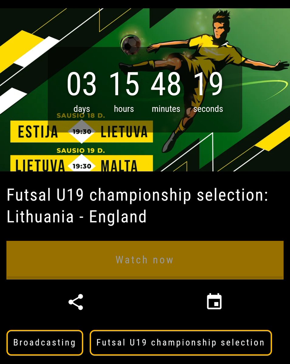 Luis Melville (@luismelville) on Twitter photo #U19Futsal Euro 🦁🦁🦁
From what I can see, only <a href="/EnglandFutsal/">England Futsal</a>'s match against Lithuania will be broadcast live and unclear at the moment if it will be geo-blocked.
Link..⤵️⤵️⤵️ online.futbolas.tv/asset/ee22420b… #U19Futsal Euro 🦁🦁🦁
From what I can see, only <a href="/EnglandFutsal/">England Futsal</a>'s match against Lithuania will be broadcast live and unclear at the moment if it will be geo-blocked.
Link..⤵️⤵️⤵️ online.futbolas.tv/asset/ee22420b…