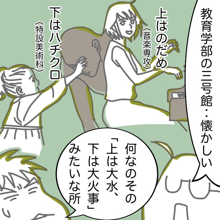 粉味先生ご出身の岩手大学教育学部には美大と音大がそのままパッケージされたようなコースがあるんですが、私が非常勤講師で通った三号館という校舎は匂いが美大で騒音が音大というカオス空間です(今は綺麗になった)