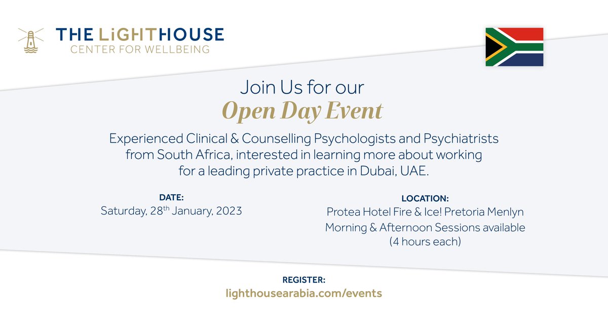 SA Medical Jobs (@samedicaljobs) on Twitter photo <a href="/LightHouseDXB/">The LightHouse</a> will be hosting an Open Day on Sat. 28 January 2023 in Pretoria.
Morning Session (9.30am - 1.30pm): lighthousearabia.com/events/clinici…
Afternoon Session (1.30pm - 5.30pm): lighthousearabia.com/events/clinici…
#MentalHealth #Psychology #Psychiatry <a href="/LightHouseDXB/">The LightHouse</a> will be hosting an Open Day on Sat. 28 January 2023 in Pretoria.
Morning Session (9.30am - 1.30pm): lighthousearabia.com/events/clinici…
Afternoon Session (1.30pm - 5.30pm): lighthousearabia.com/events/clinici…
#MentalHealth #Psychology #Psychiatry