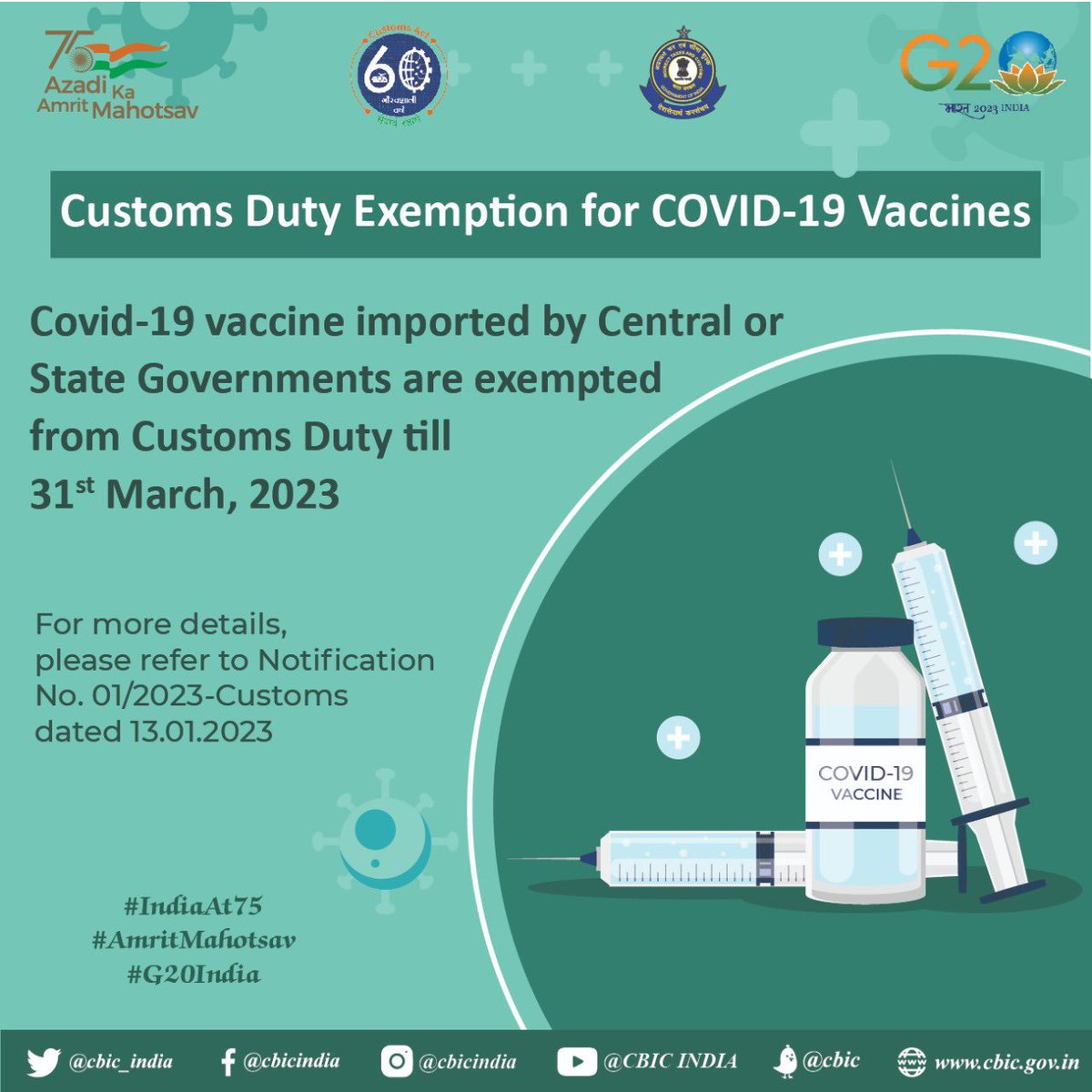 cbic_india's tweet photo. COVID19 vaccine imported by Central or State Governments are exempted from Customs Duty till March 31, 2023.
#2YearsOfVaccineDrive https://t.co/p8tFXrvChq