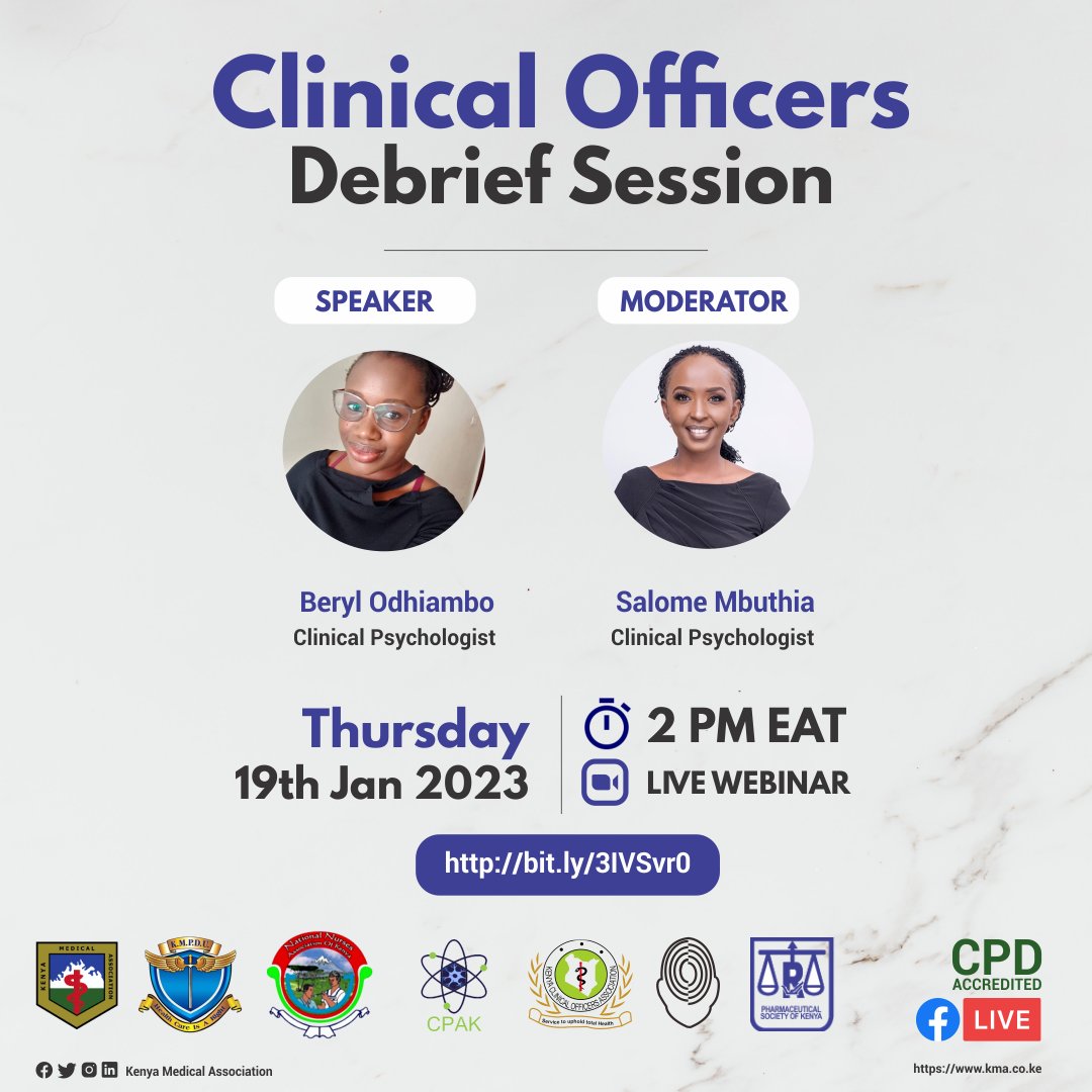 This Thursday ▶️Clinical Officers Debrief Session

🗓️Jan 19, 2023 2⃣PM

Register in advance for this webinar:
us06web.zoom.us/webinar/regist…
----------
Webinar Speaker
Beryl Odhiambo (Clinical Psychologist )