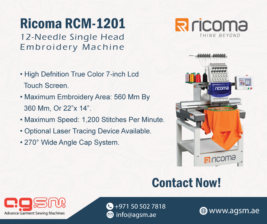 #ricoma RCM-1201 12-Needle Single Head Computerized Embroidery Machine.
For more information on this machine, click the link below.
bit.ly/3GRXLJL
☎ +971 4 332 7754 | 📧 info@agsm.ae | 🌐 agsm.ae
#AGSM #RicomaEmbroideryMachine #embroidery #sewing #uae