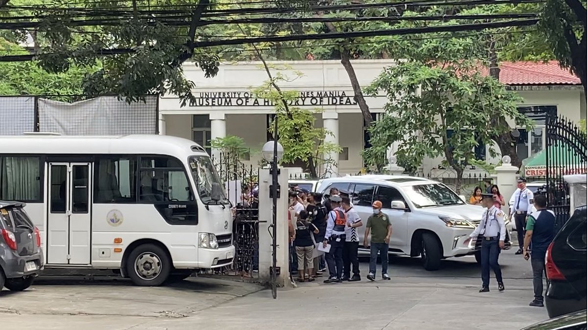 Protest action greets SOJ Boying Remulla as he arrives at the Dept of Justice Wednesday afternoon. Labor and rights groups condemn DOJ panel of prosecutors’ junking of murder raps vs 17 cops involved in killing of labor leader Manny Asuncion on Bloody Sunday. | @mikenavallo