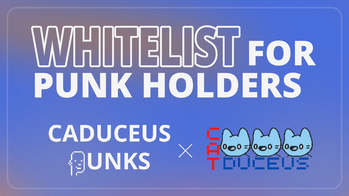 <a href="/CaduceusPunks/">Punks & Buns | $CMP 1st NFTs</a> x <a href="/CatDuceus/">Cat Duceus NFT</a>

We are partnered with <a href="/CatDuceus/">Cat Duceus NFT</a>, to make @Caduceus_CMP Eco-system friendlier and popular between partners!

All Punks will be able to mint CatDuceus with whitelist!

Stay tuned for more information!

#caduceus #punks #caduceus #cmp #nft #whitelist