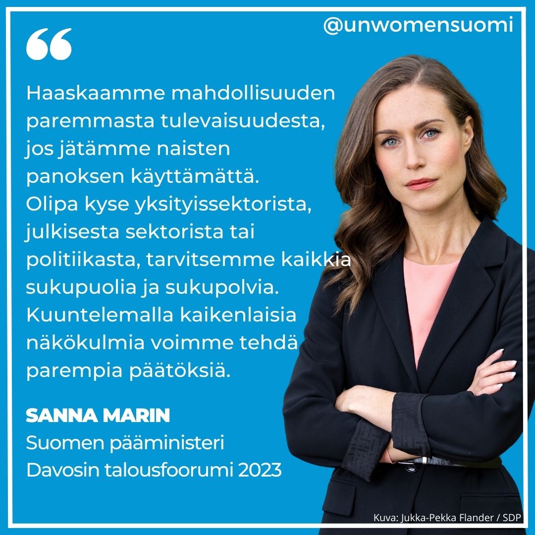 Kuten pääministeri <a href="/sannamarin/">Sanna-Mari Nyman</a> totesi Davosissa, tarvitsemme kaikkia sukupuolia ja sukupolvia sekä erilaisia näkemyksiä paremman tulevaisuuden ja hyvinvoivien yhteiskuntien rakentamiseksi.

Naisten panoksen käyttämättä jättäminen on haaskattu mahdollisuus.
#tasaarvo #davos