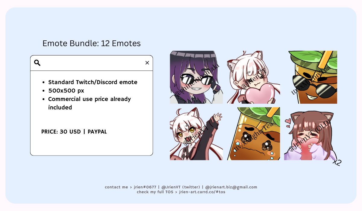 I'm opening my emote commissions again! If you're interested, please DM me here or my other socials! 🥰

I haven't done a lot of commissions but I have enough to show what my work looks like :)

#artcommissions #emotecommissions #twitch #vtuber #pngtuber #vtubers #commissionsopen