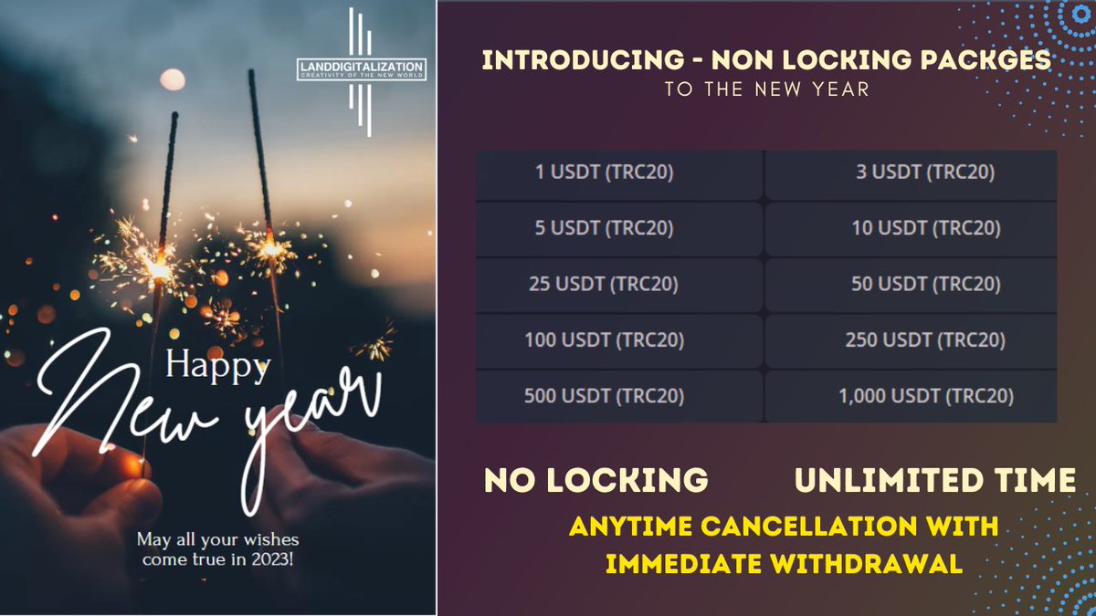 Introducing - Non Locking Packages for New Year
1 USDT, 3 USDT, 5 USDT, 10 USDT, 25 USDT, 50 USDT, 100 USDT, 250 USDT, 500 USDT, 1000 USDT

- NO locking
- Unlimited Period
- Anytime can withdraw Instantly

#Crypto #BTC #PassiveIncome #USDT