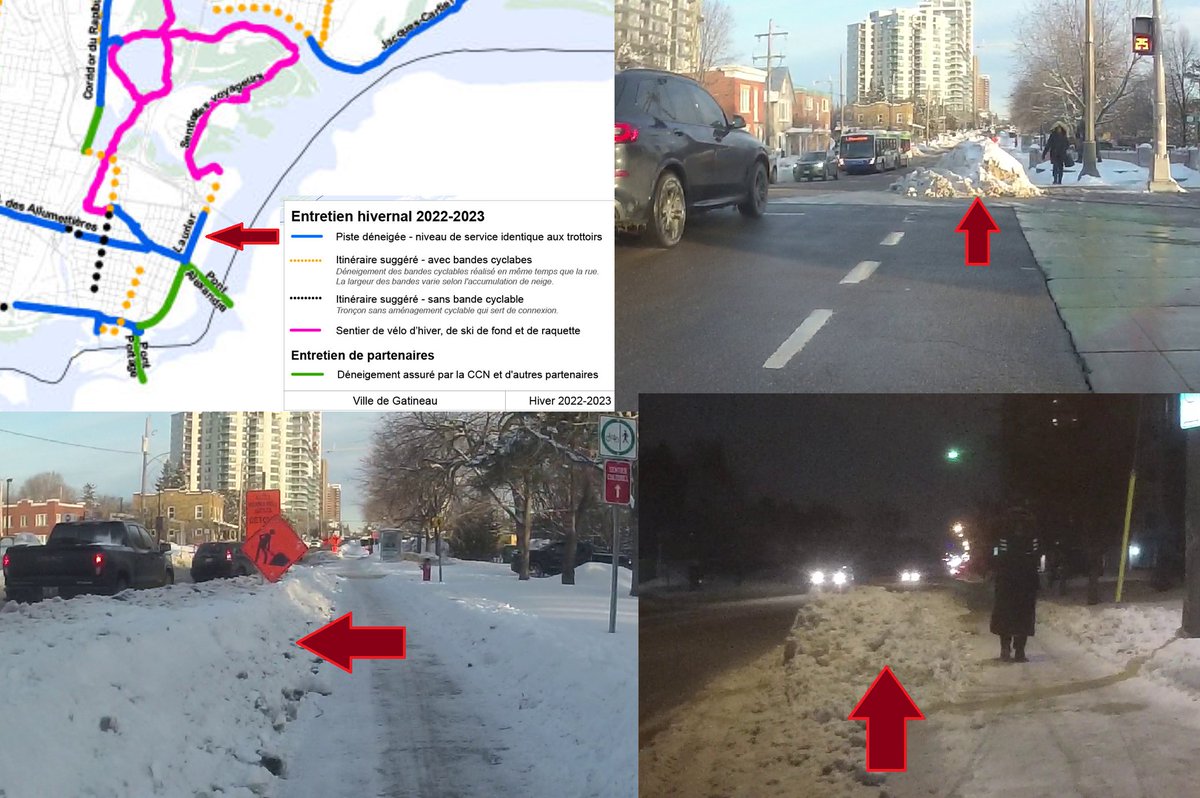 JagVillani's tweet image. Winter cycling network maintenance promises and reality from @ville_gatineau: &quot;Piste déneigée - niveau de service identique aux trottors&quot; (path cleared, same service as sidewalks) apparently on rue Laurier, but this is the non-identical reality every single day. #ottbike #velogat