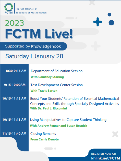 Join us at FCTM Live!

This virtual mini-conference offers an opportunity to check in with the FLDOE and the TDC, as well as K-12 teacher presentations with a focus on eliciting student thinking through checking for understanding.

Register here khlink.net/FCTM