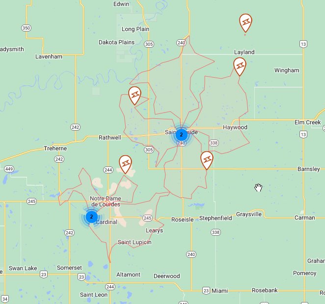 manitobahydro's tweet image. #mboutage Crews are responding to an outage in the Notre Dame Des Lourde and St Claude area. The cause appears to be a tree on a line. Approximately 1,300 customers are affected.