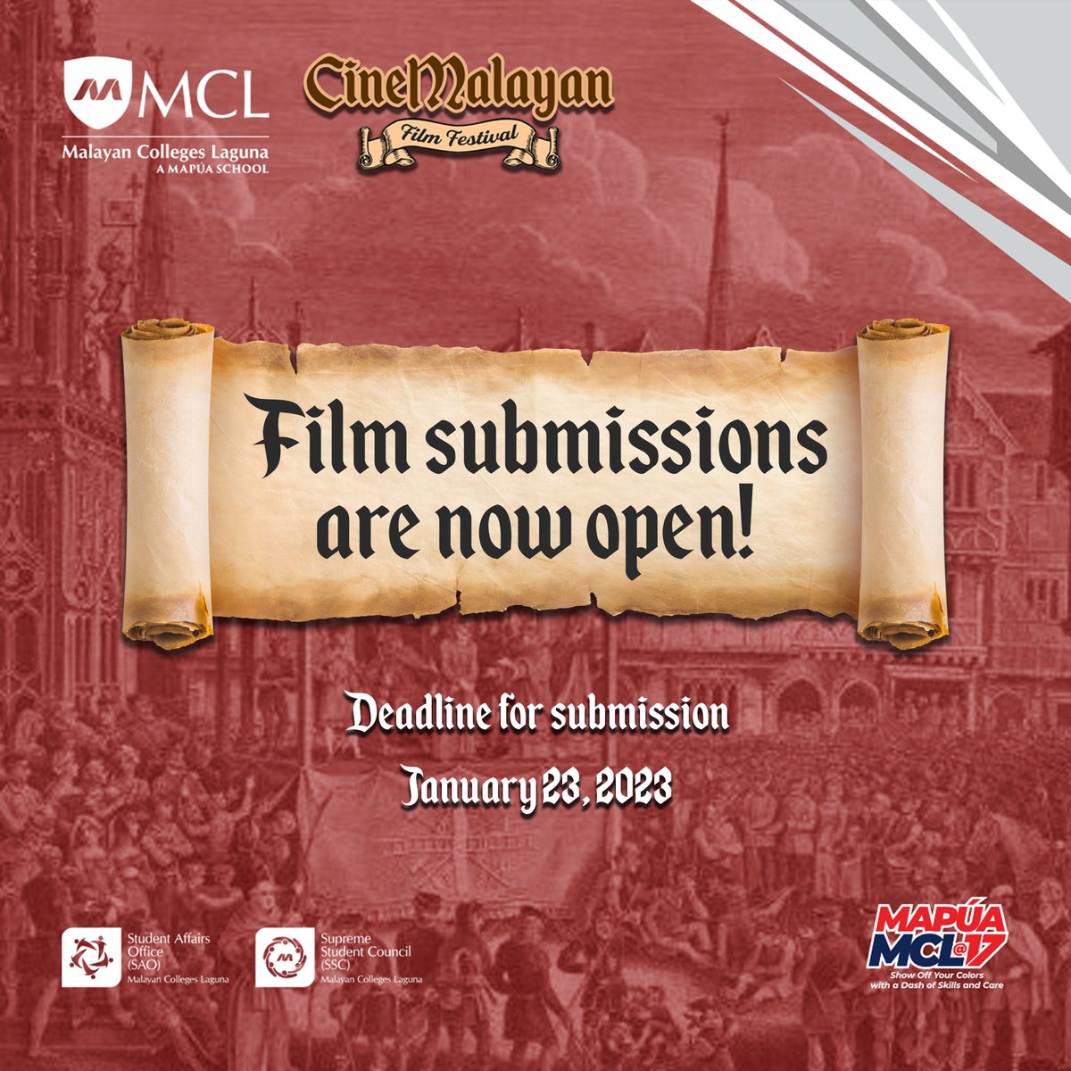 MapuaMCL_SSC's tweet photo. Head’s up, Malayans! 

Submission of films for CineMalayan Film Festival starts today! You can submit your entries from January 18 until January 23, 2023. 

📌  Submission Link: https://t.co/EHCC3ePkXv

Best of luck! 🤗🎞️

#MapúaMCLAt17  #ShowOffYourColors https://t.co/gSpylhyL1Q