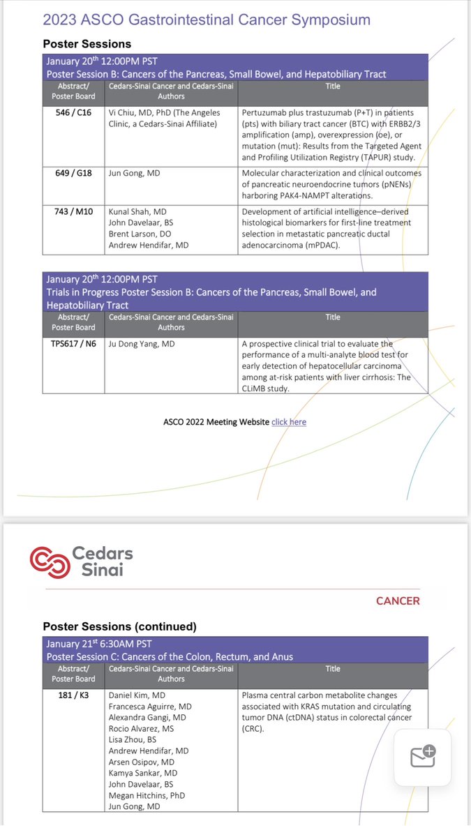 Looking forward to meeting again in person @ASCO #GI23 with colleagues and exciting developments #crcsm #pancsm #stcsm #esocsm #hpbscm w/representation by our @CSCancerCare @angelesclinic @CedarsSinaiMed colleagues @DrHendifar @DrArsenOsipov @AGangiMD @ViChiuMDPhD @KamyaSankar