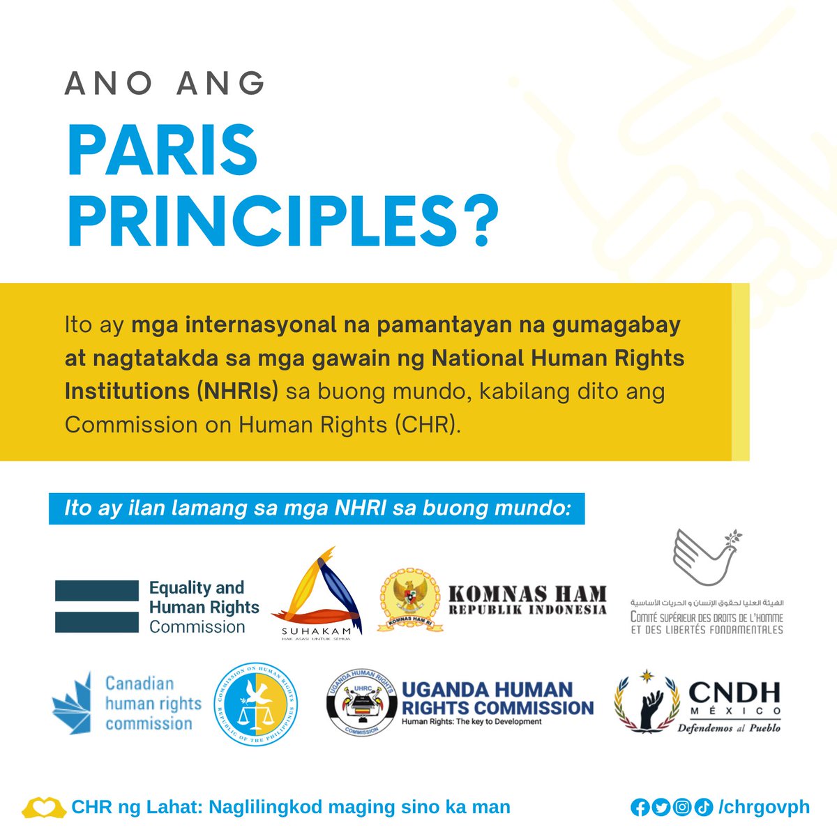 chrgovph's tweet photo. Lahat tayo ay may mga karapatan na pumoprotekta at nagbibigay-laya sa atin. Upang maipagtanggol ang mga karapatang ito, binuo ang 1993 Paris Principles upang maitaguyod ang mga National Human Rights Institutions o NHRIs. #CHR101 https://t.co/0POYTVAFoi