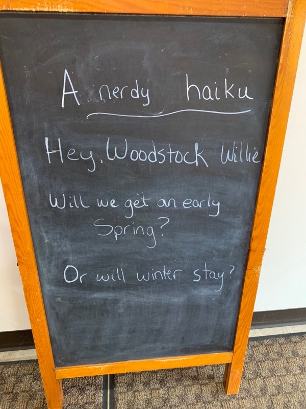 animewoodstock's tweet photo. It's that time of year! Which means a special nerdy haiku:

Hey, Woodstock Willie
Will we get an early Spring?
Or will Winter stay?

Stay tuned, we'll find out in a few short weeks!
@WoodstockGHD
#nerdyhaiku https://t.co/HkyIXQNcYa
